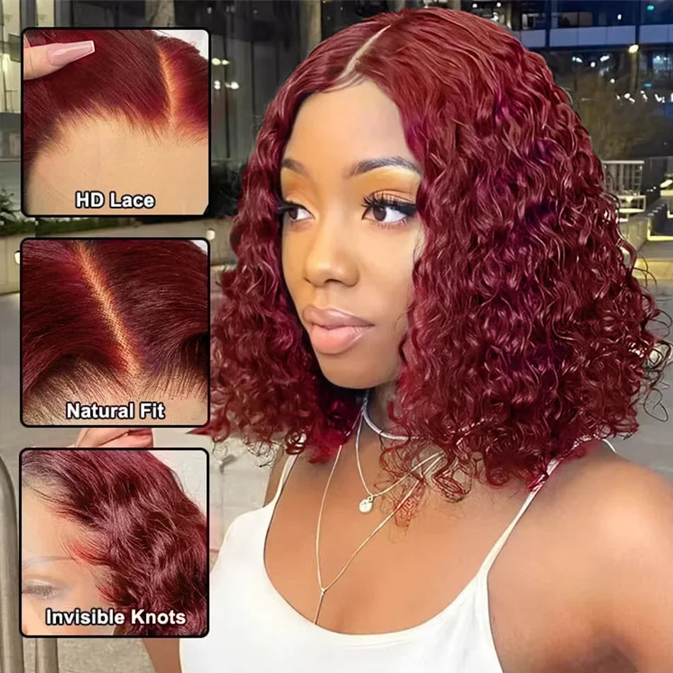 99J Burgundy Short Bob Glueless Hair Wig 13x4 Lace Front Wig Human Hair Red Colored Deep Wave Lace Frontal Wig For Women