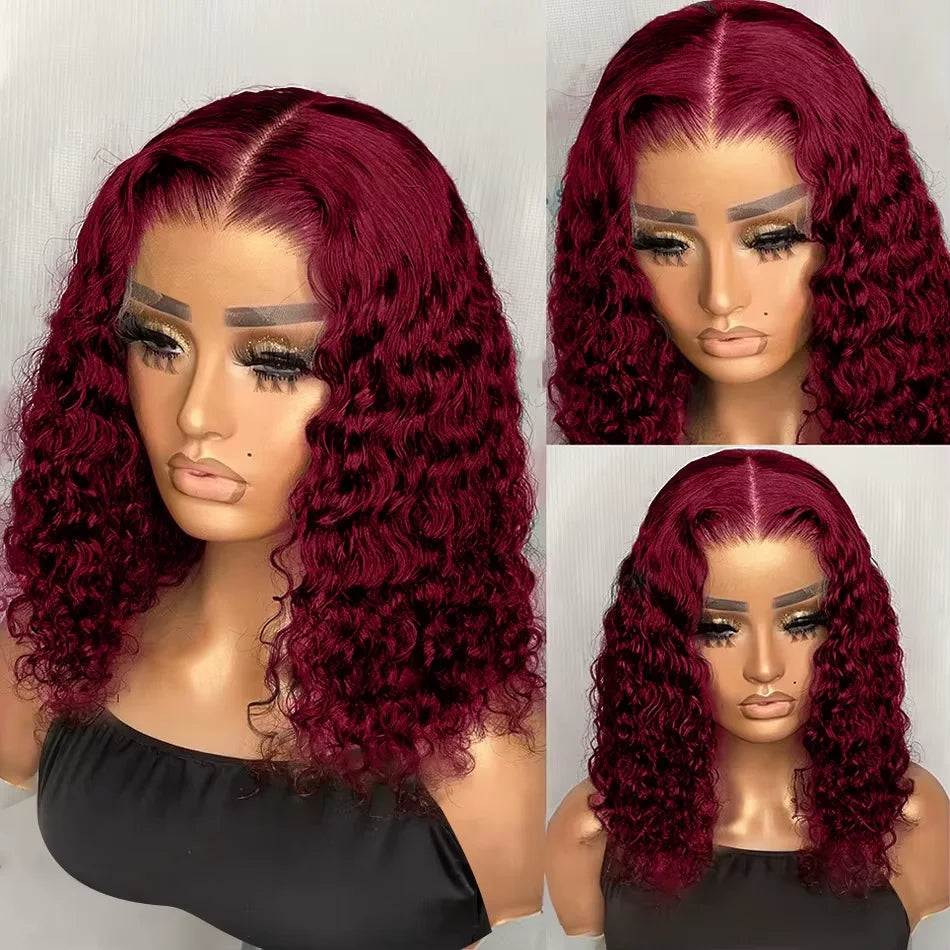 99J Burgundy Short Bob Glueless Hair Wig 13x4 Lace Front Wig Human Hair Red Colored Deep Wave Lace Frontal Wig For Women