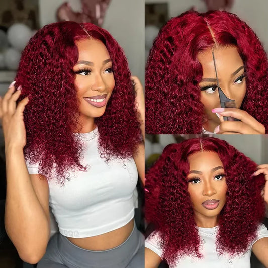 99J Burgundy Deep Wave Lace Front Human Hair Wig Brazilian 13x4 Deep Curly Short Bob Wigs Human Hair Red Colored Water Wave Wig