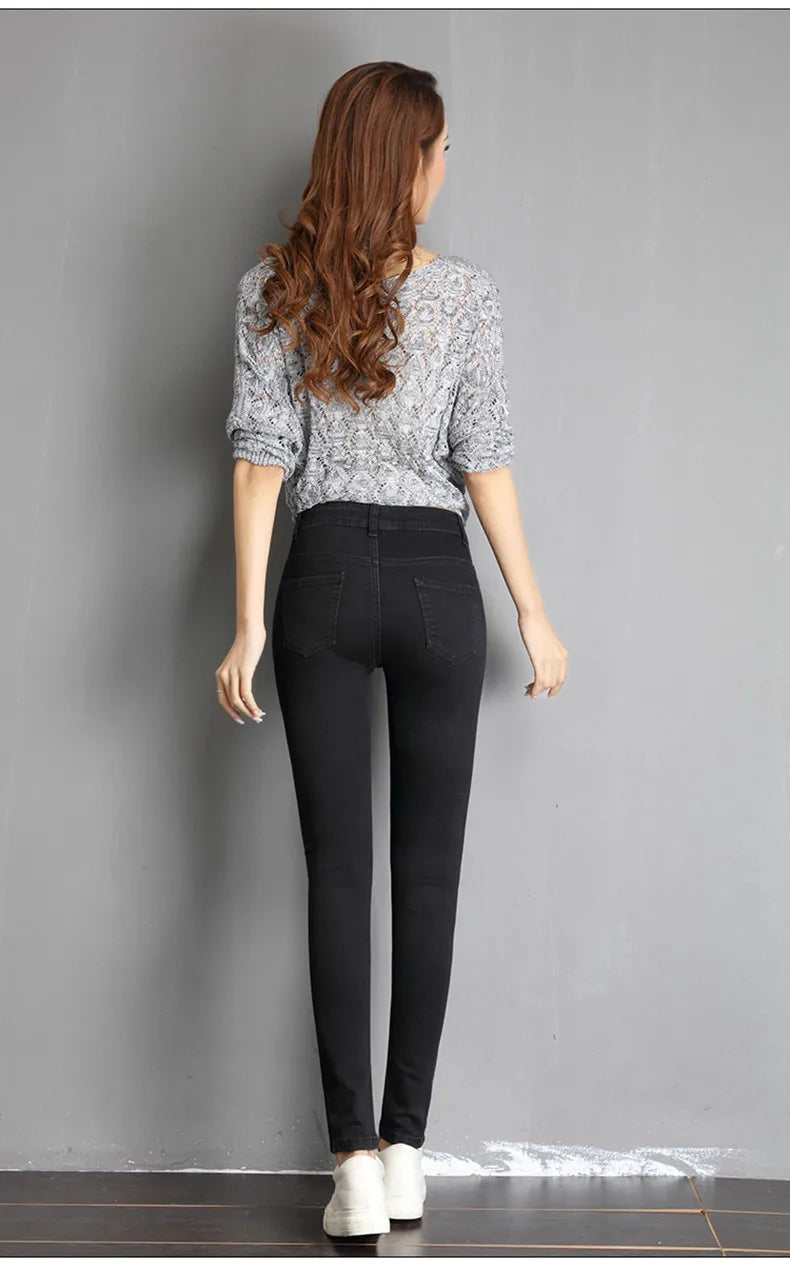 Jeans for Women mom Jeans blue gray black Woman High Elastic 36 38 40 Stretch Jeans female washed skinny pencil pants