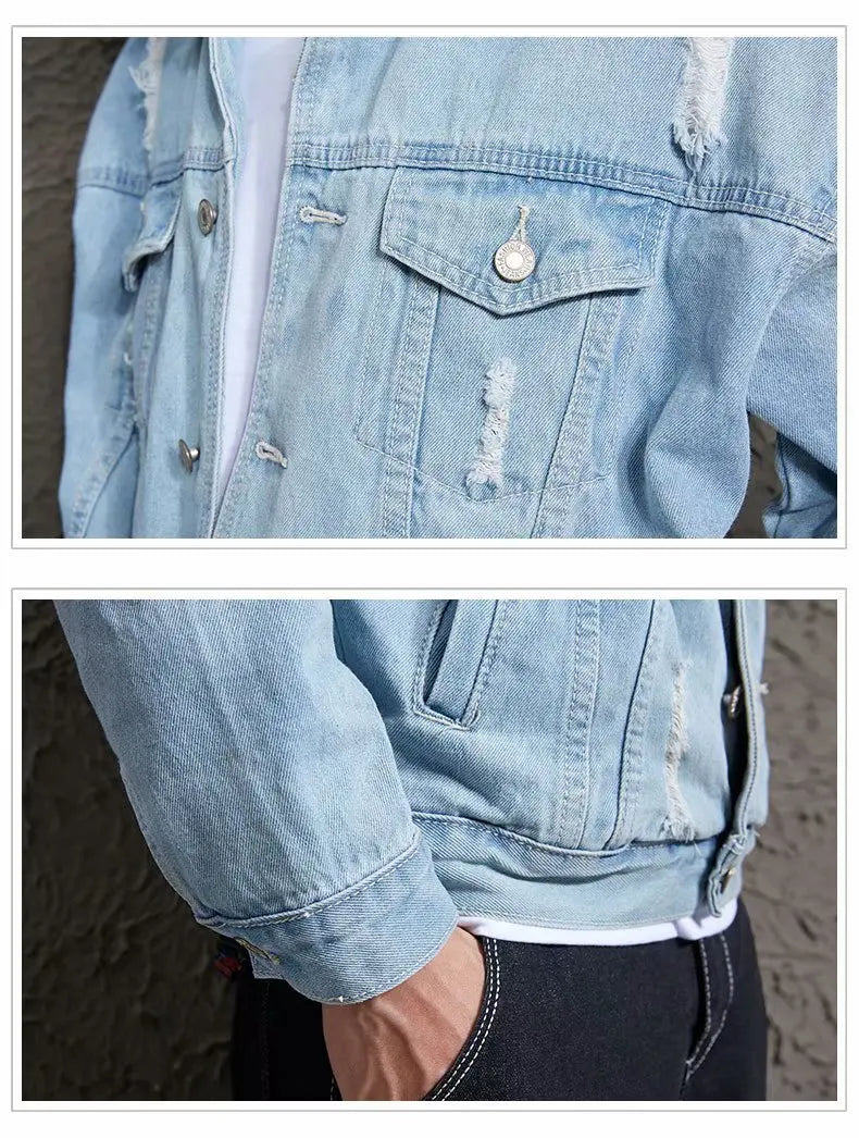 2021 Autumn Solid Casual Slim Mens Denim Jacket Bomber Jacket Men Tearing Hole Cowboy Men's Jean Jacket Chaqueta Hombre