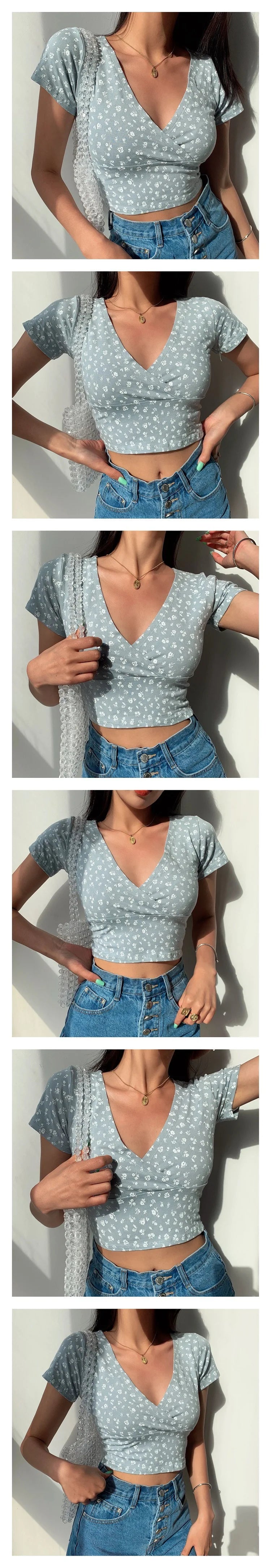 Y2K Vintage Floral Cross Crop Top T-shirt Women Cropped Slim Short Sleeve V-neck Sexy Summer Clothes Tee Shirt Femme Woman Tops