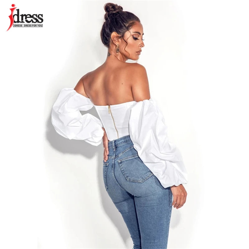 HBLL Hot White Blue Sexy Crop Top Solid Corset Boned Camis Party Top Tees Long Sleeve Short Chemise Blusas Puff Sleeve Shirt
