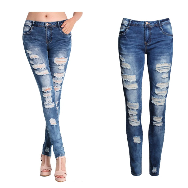 Women Jeans Blue Slim Ripped Jeans for Women Skinny Distressed Washed Stretch Mom Jeans High Waist Pants Femme Bleached