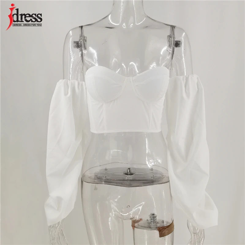 HBLL Hot White Blue Sexy Crop Top Solid Corset Boned Camis Party Top Tees Long Sleeve Short Chemise Blusas Puff Sleeve Shirt
