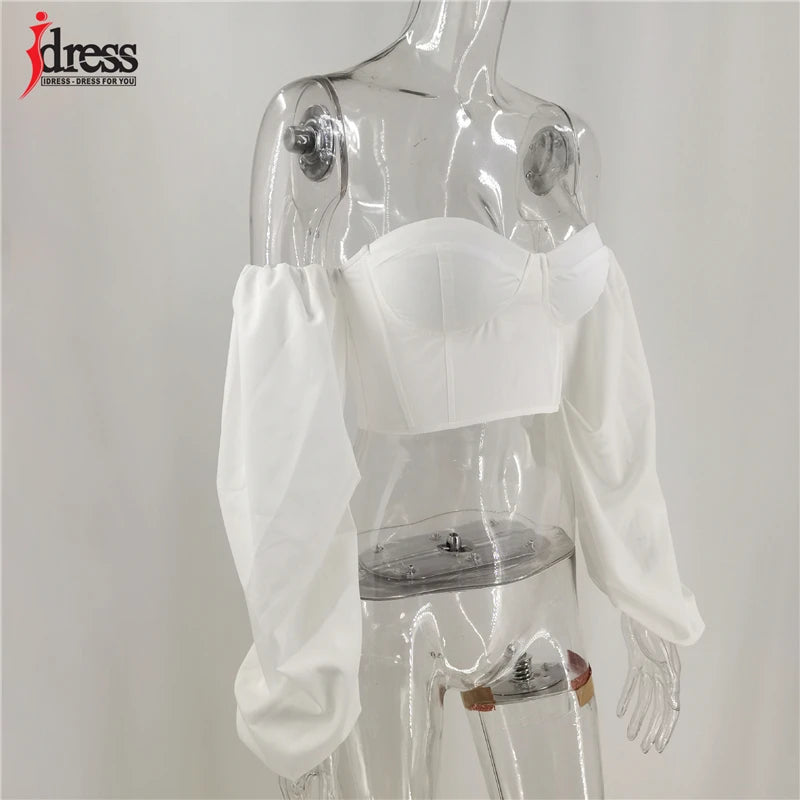 HBLL Hot White Blue Sexy Crop Top Solid Corset Boned Camis Party Top Tees Long Sleeve Short Chemise Blusas Puff Sleeve Shirt
