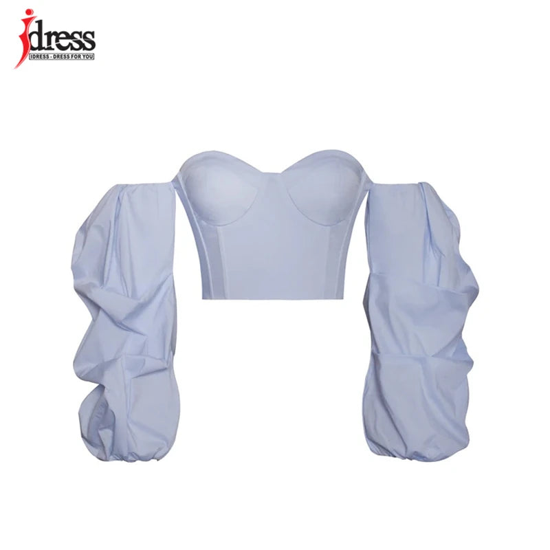 HBLL Hot White Blue Sexy Crop Top Solid Corset Boned Camis Party Top Tees Long Sleeve Short Chemise Blusas Puff Sleeve Shirt