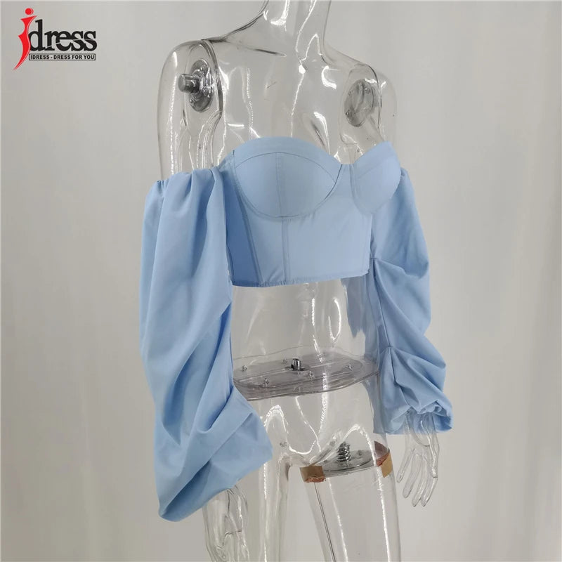 HBLL Hot White Blue Sexy Crop Top Solid Corset Boned Camis Party Top Tees Long Sleeve Short Chemise Blusas Puff Sleeve Shirt