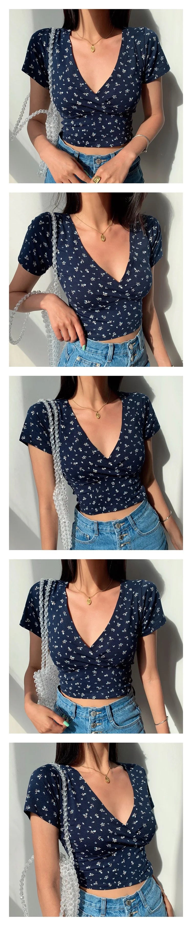 Y2K Vintage Floral Cross Crop Top T-shirt Women Cropped Slim Short Sleeve V-neck Sexy Summer Clothes Tee Shirt Femme Woman Tops