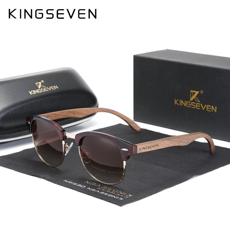 KINGSEVEN 2023 Quality Upgrade Walnut Wooden Sunglasses Men Polarized Semi-Rimless UV400 Protection Retro Eyewear Women Oculos