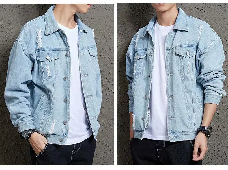 2021 Autumn Solid Casual Slim Mens Denim Jacket Bomber Jacket Men Tearing Hole Cowboy Men's Jean Jacket Chaqueta Hombre