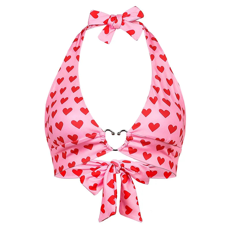 Pink Heart Print Cute Bustier Crop Top Women Aesthetic Kawaii Clothes Sleeveless Backless Lace Up Bralette Camisole