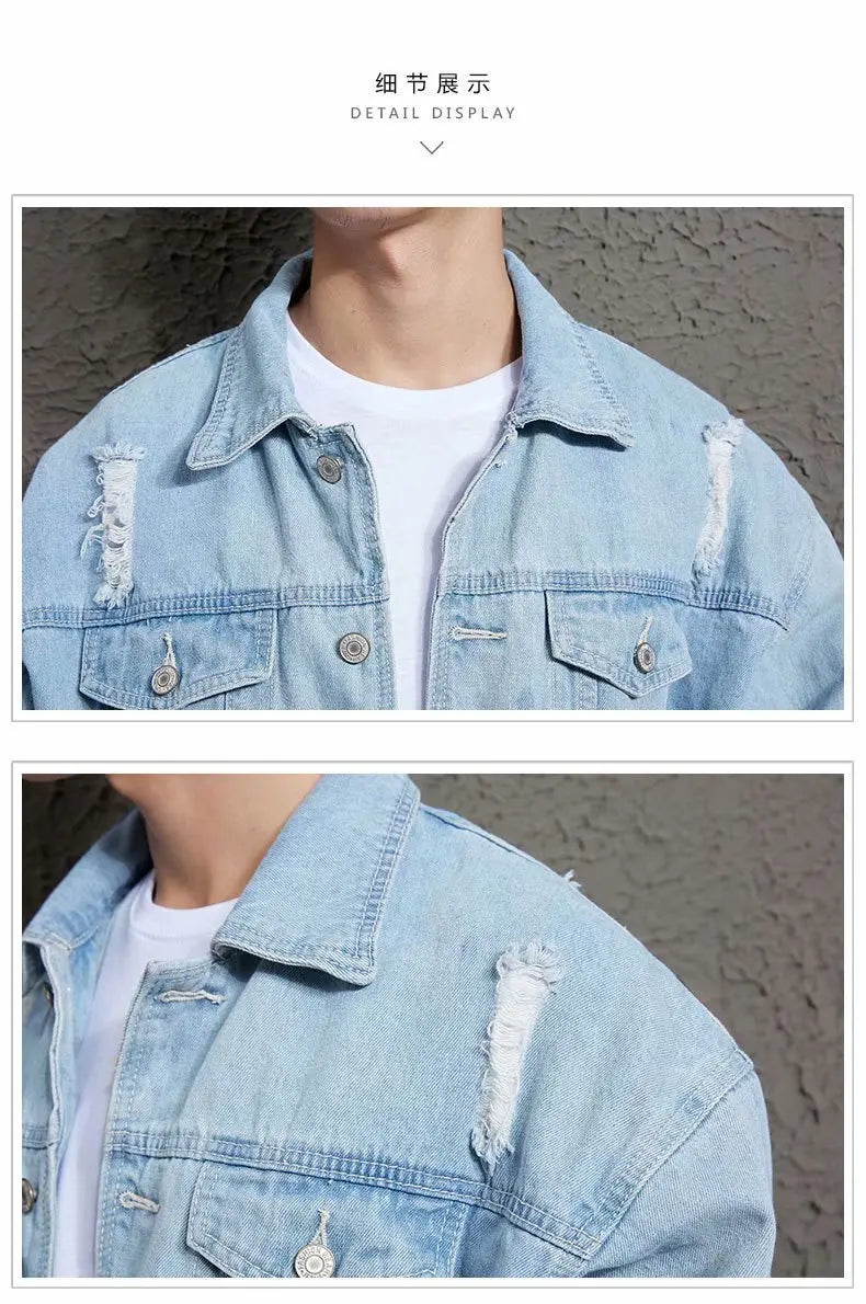 2021 Autumn Solid Casual Slim Mens Denim Jacket Bomber Jacket Men Tearing Hole Cowboy Men's Jean Jacket Chaqueta Hombre