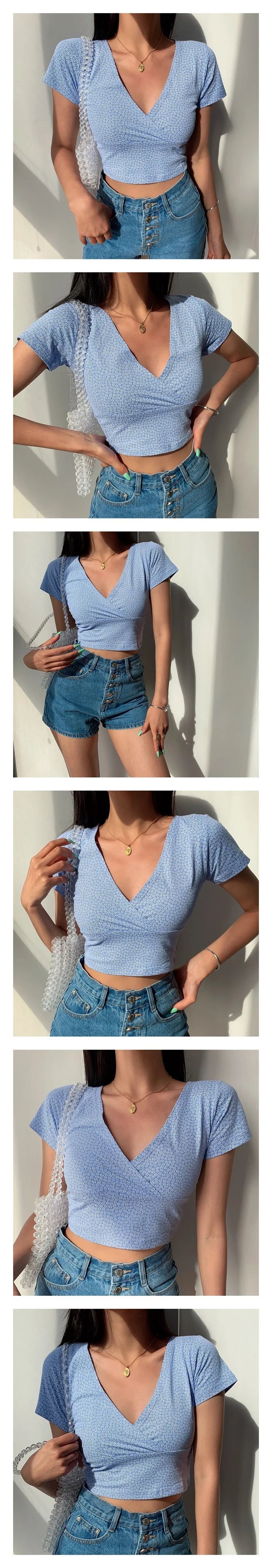 Y2K Vintage Floral Cross Crop Top T-shirt Women Cropped Slim Short Sleeve V-neck Sexy Summer Clothes Tee Shirt Femme Woman Tops