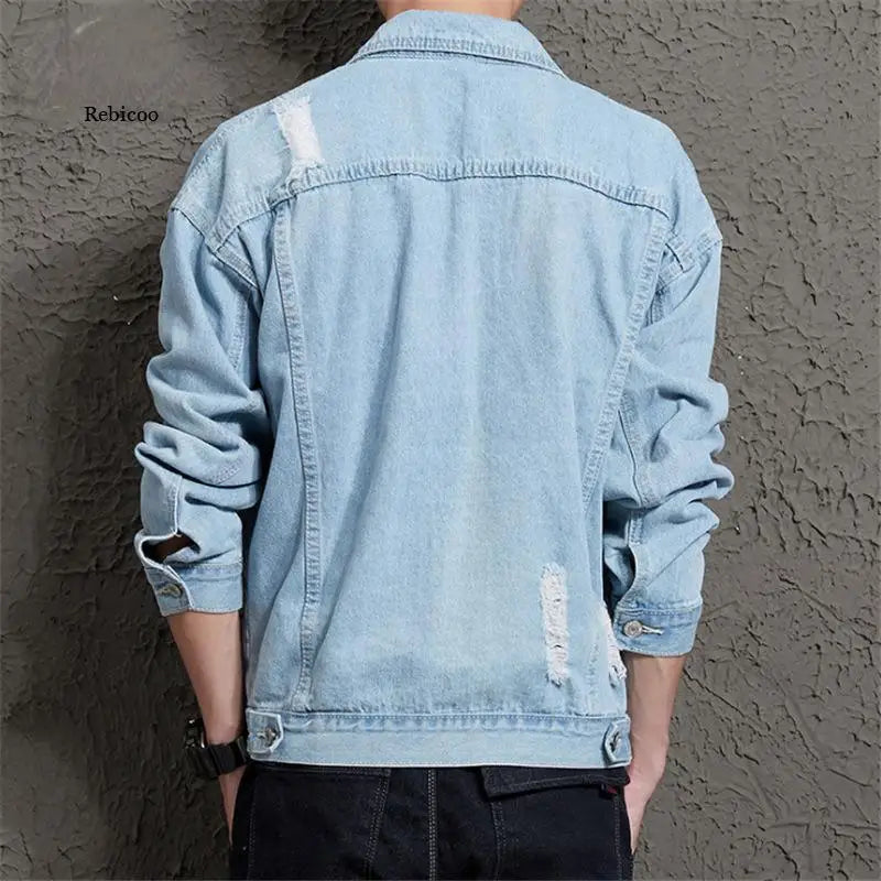 2021 Autumn Solid Casual Slim Mens Denim Jacket Bomber Jacket Men Tearing Hole Cowboy Men's Jean Jacket Chaqueta Hombre