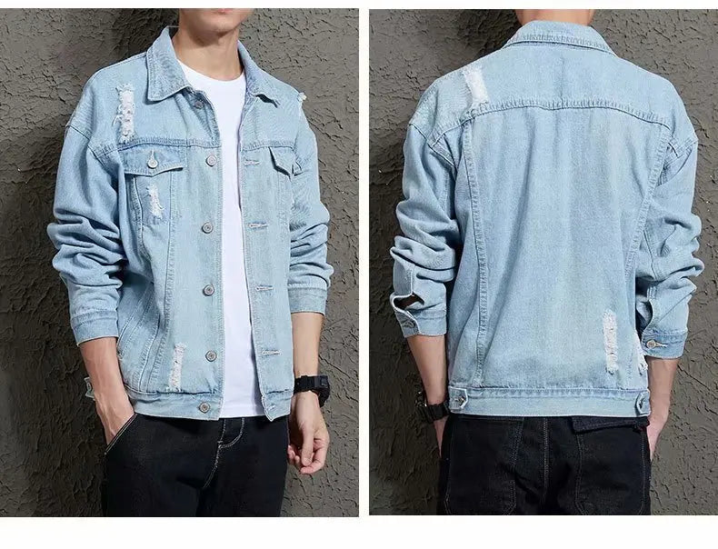 2021 Autumn Solid Casual Slim Mens Denim Jacket Bomber Jacket Men Tearing Hole Cowboy Men's Jean Jacket Chaqueta Hombre