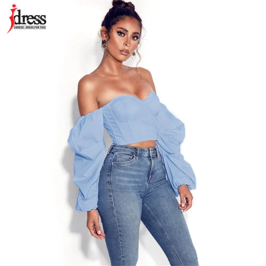 HBLL Hot White Blue Sexy Crop Top Solid Corset Boned Camis Party Top Tees Long Sleeve Short Chemise Blusas Puff Sleeve Shirt