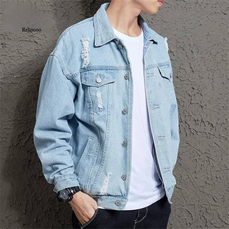 2021 Autumn Solid Casual Slim Mens Denim Jacket Bomber Jacket Men Tearing Hole Cowboy Men's Jean Jacket Chaqueta Hombre