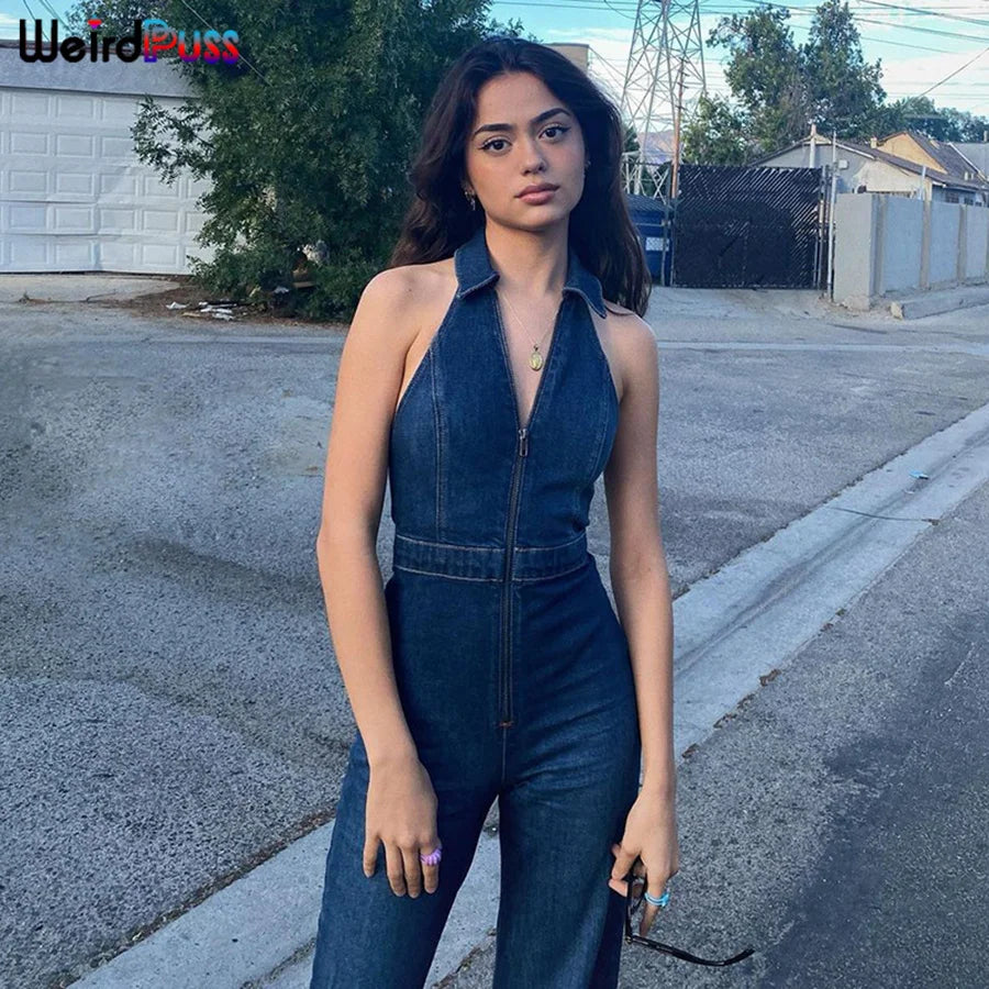 Weird Puss Cotton Elegant jeans Jumpsuit Women Sleeveless Zipper Fashion Hipster Casual High Street Wide Legs Activewear Outfits