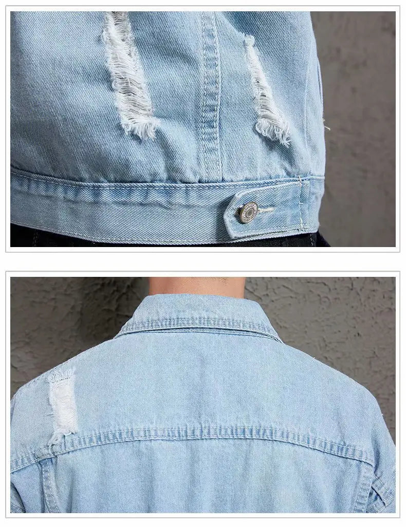 2021 Autumn Solid Casual Slim Mens Denim Jacket Bomber Jacket Men Tearing Hole Cowboy Men's Jean Jacket Chaqueta Hombre