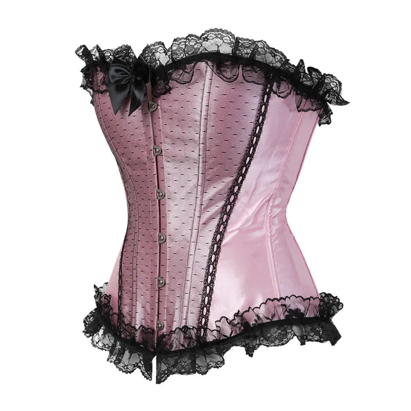 Sapubonva Pink Corset Top Bustier with Lace Up Trim Satin Overbust Costumes Ladies Shaper Victorian Floral Princess Red