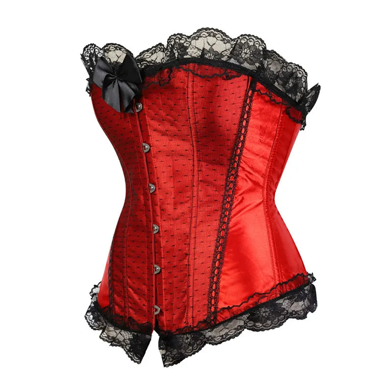 Sapubonva Pink Corset Top Bustier with Lace Up Trim Satin Overbust Costumes Ladies Shaper Victorian Floral Princess Red