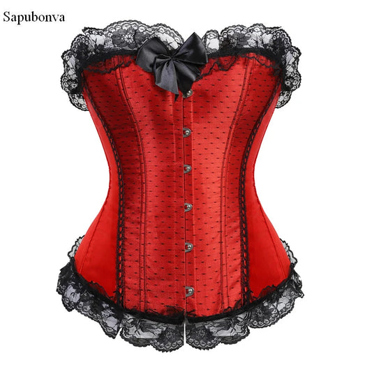 Sapubonva Pink Corset Top Bustier with Lace Up Trim Satin Overbust Costumes Ladies Shaper Victorian Floral Princess Red