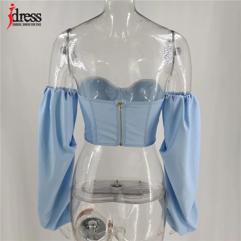 HBLL Hot White Blue Sexy Crop Top Solid Corset Boned Camis Party Top Tees Long Sleeve Short Chemise Blusas Puff Sleeve Shirt