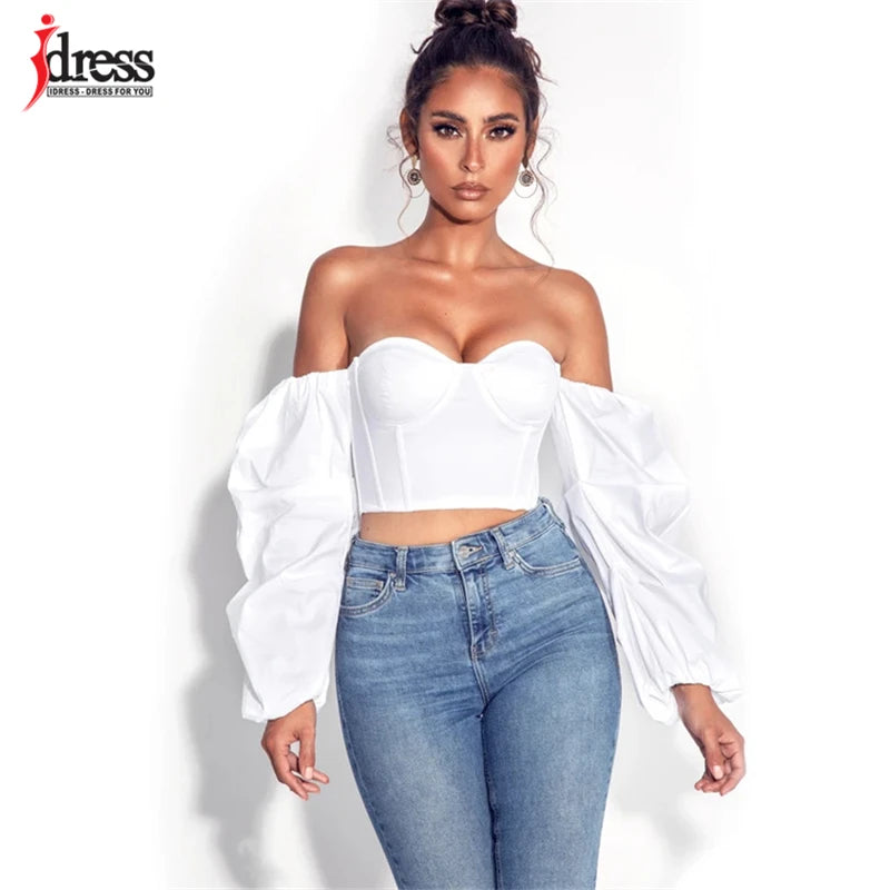 HBLL Hot White Blue Sexy Crop Top Solid Corset Boned Camis Party Top Tees Long Sleeve Short Chemise Blusas Puff Sleeve Shirt