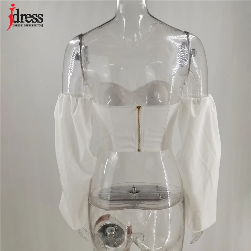 HBLL Hot White Blue Sexy Crop Top Solid Corset Boned Camis Party Top Tees Long Sleeve Short Chemise Blusas Puff Sleeve Shirt