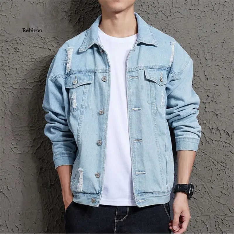 2021 Autumn Solid Casual Slim Mens Denim Jacket Bomber Jacket Men Tearing Hole Cowboy Men's Jean Jacket Chaqueta Hombre