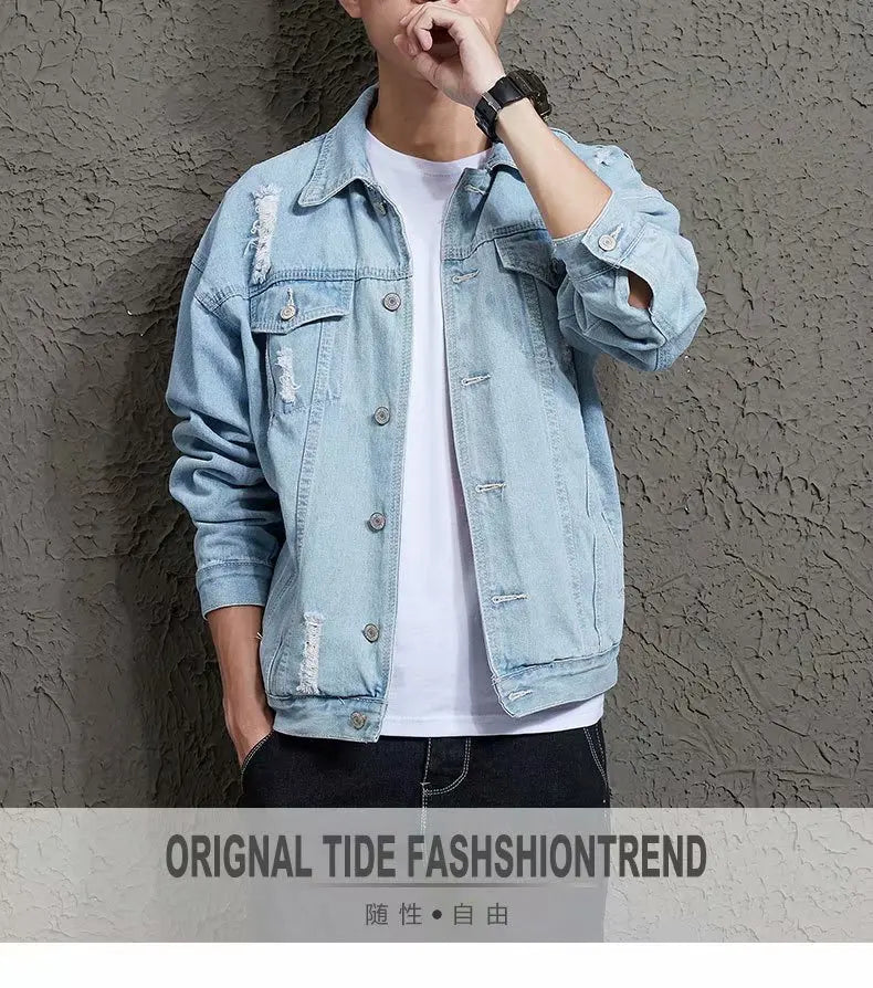 2021 Autumn Solid Casual Slim Mens Denim Jacket Bomber Jacket Men Tearing Hole Cowboy Men's Jean Jacket Chaqueta Hombre