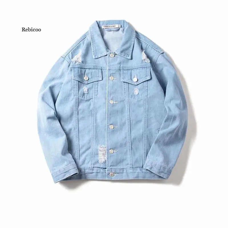 2021 Autumn Solid Casual Slim Mens Denim Jacket Bomber Jacket Men Tearing Hole Cowboy Men's Jean Jacket Chaqueta Hombre