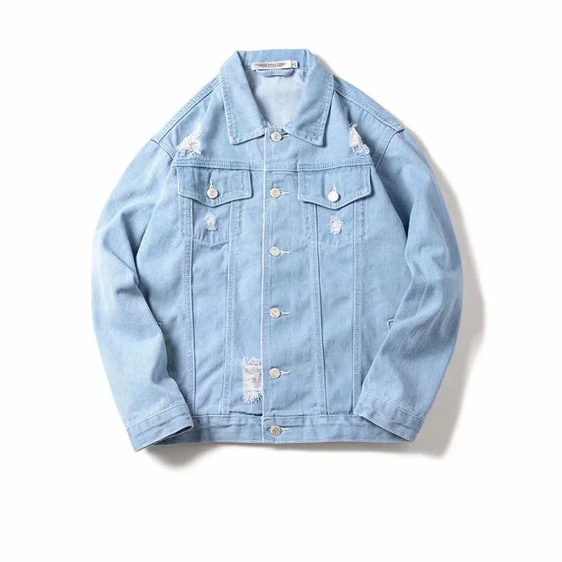 2021 Autumn Solid Casual Slim Mens Denim Jacket Bomber Jacket Men Tearing Hole Cowboy Men's Jean Jacket Chaqueta Hombre