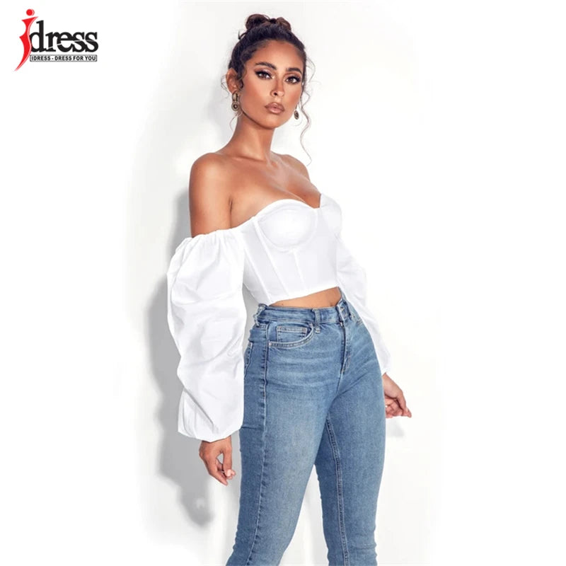 HBLL Hot White Blue Sexy Crop Top Solid Corset Boned Camis Party Top Tees Long Sleeve Short Chemise Blusas Puff Sleeve Shirt