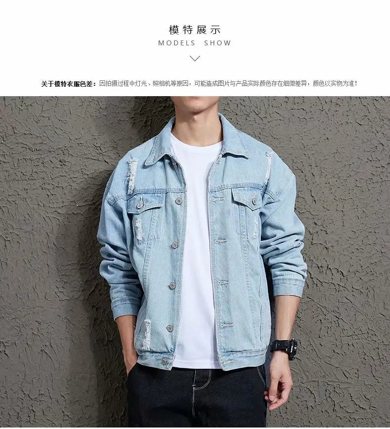 2021 Autumn Solid Casual Slim Mens Denim Jacket Bomber Jacket Men Tearing Hole Cowboy Men's Jean Jacket Chaqueta Hombre