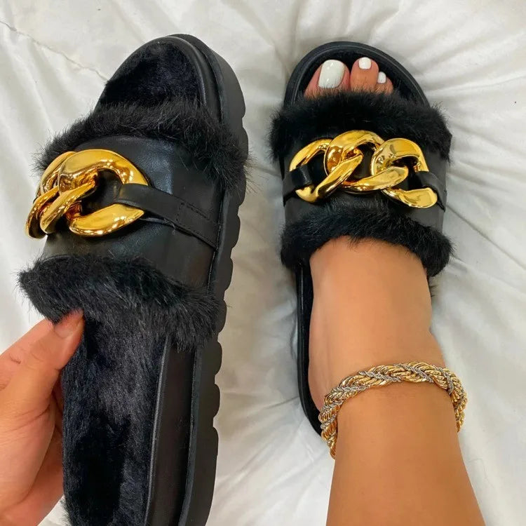 2023 Winter Plush Slippers Fashion Open Toe Solid Color Women's Sandals Metal Chain Outdoor Casual Women's Shoes  Fashion Shoes