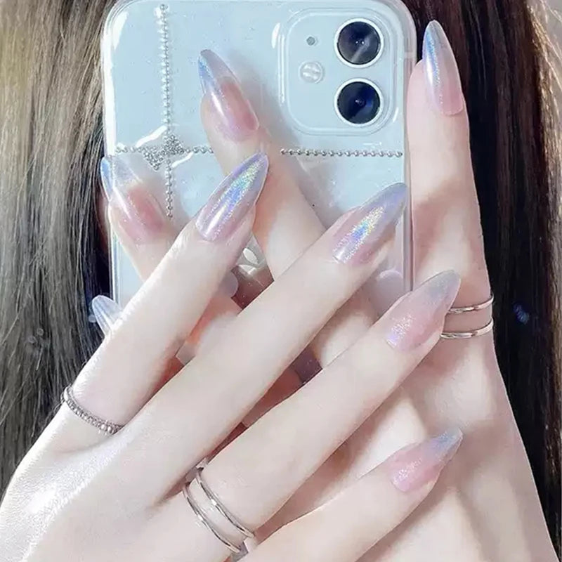 24pcs Aurora Stiletto False Nail Tips Glitter Gradient Color Fake Nails Wearable Full Cover Pointed Head Acrylic Nail Tips