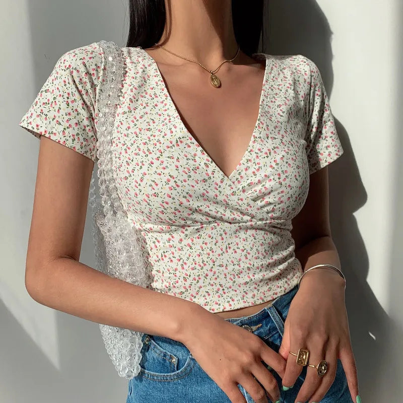 Y2K Vintage Floral Cross Crop Top T-shirt Women Cropped Slim Short Sleeve V-neck Sexy Summer Clothes Tee Shirt Femme Woman Tops