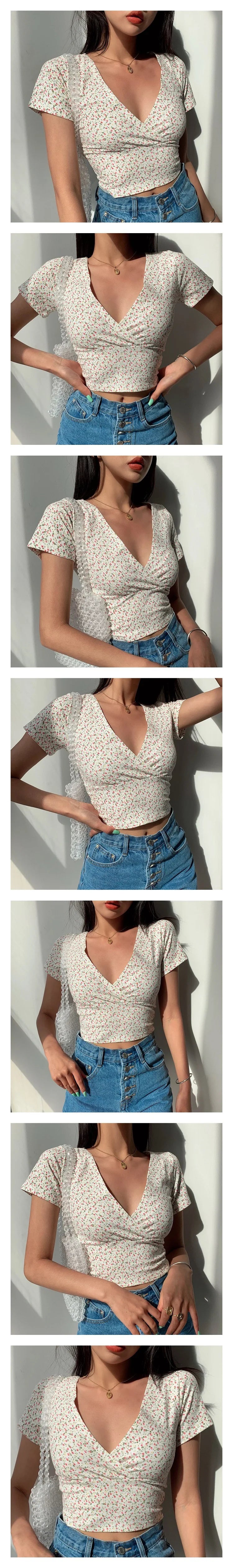 Y2K Vintage Floral Cross Crop Top T-shirt Women Cropped Slim Short Sleeve V-neck Sexy Summer Clothes Tee Shirt Femme Woman Tops
