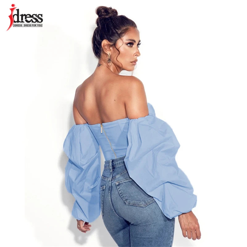 HBLL Hot White Blue Sexy Crop Top Solid Corset Boned Camis Party Top Tees Long Sleeve Short Chemise Blusas Puff Sleeve Shirt