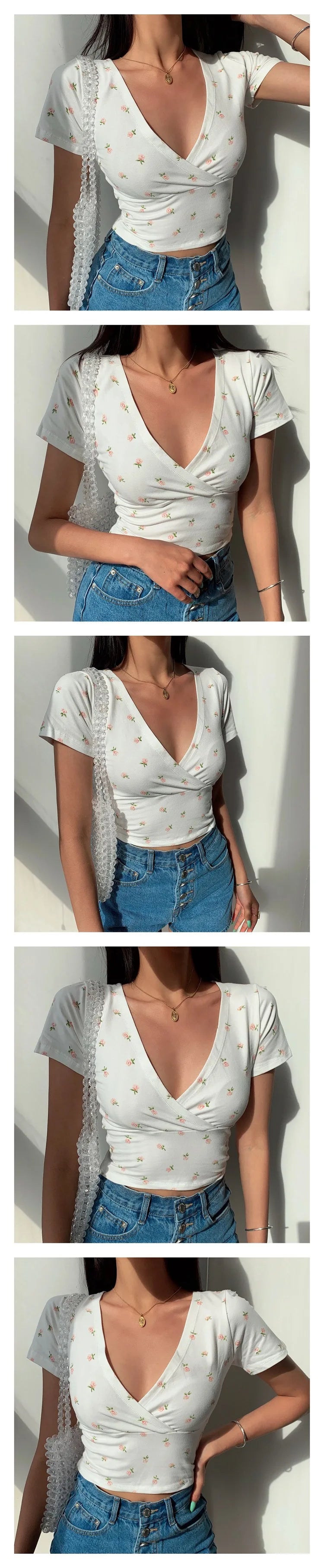 Y2K Vintage Floral Cross Crop Top T-shirt Women Cropped Slim Short Sleeve V-neck Sexy Summer Clothes Tee Shirt Femme Woman Tops
