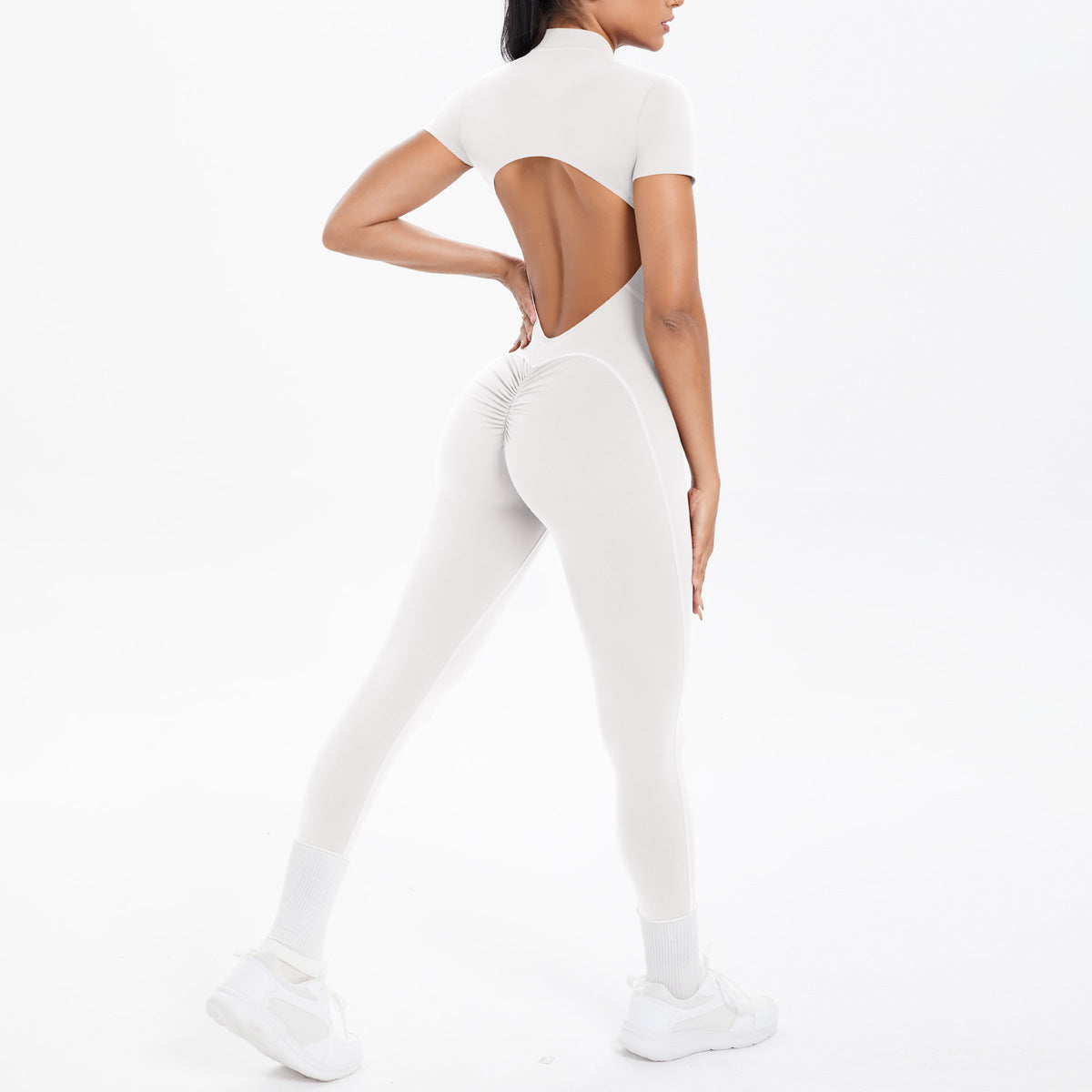 Sexy Backless Bodycon Scrunch Jumpsuit Raises Butt Women Dance Fitness Overalls Push Up With Chest Cushion Yoga Sport Jump Suit