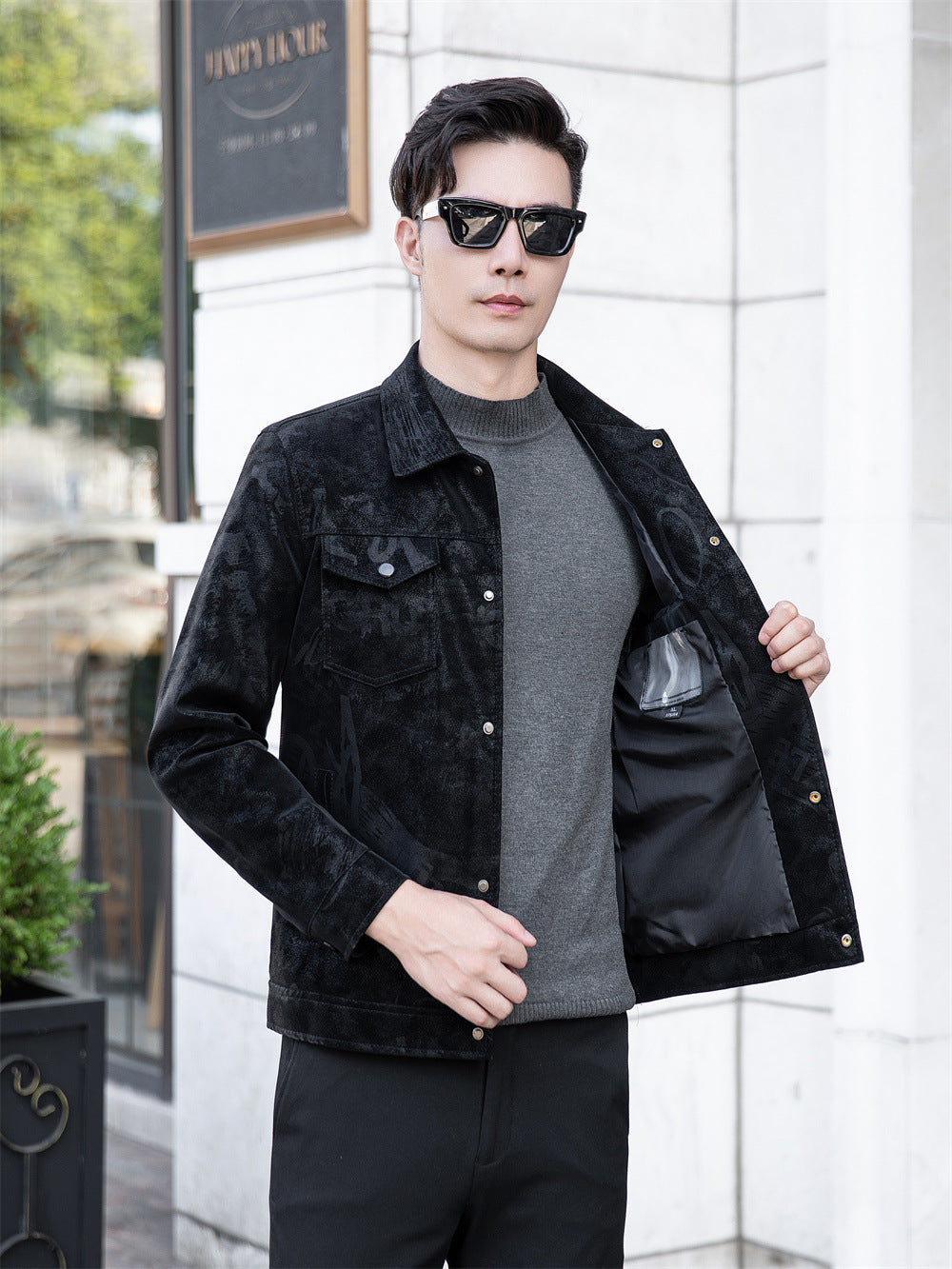 High-end sense printed leather men's coat 2024 spring and autumn new lapel fashion Korean fashion plus size men's leather jacket
