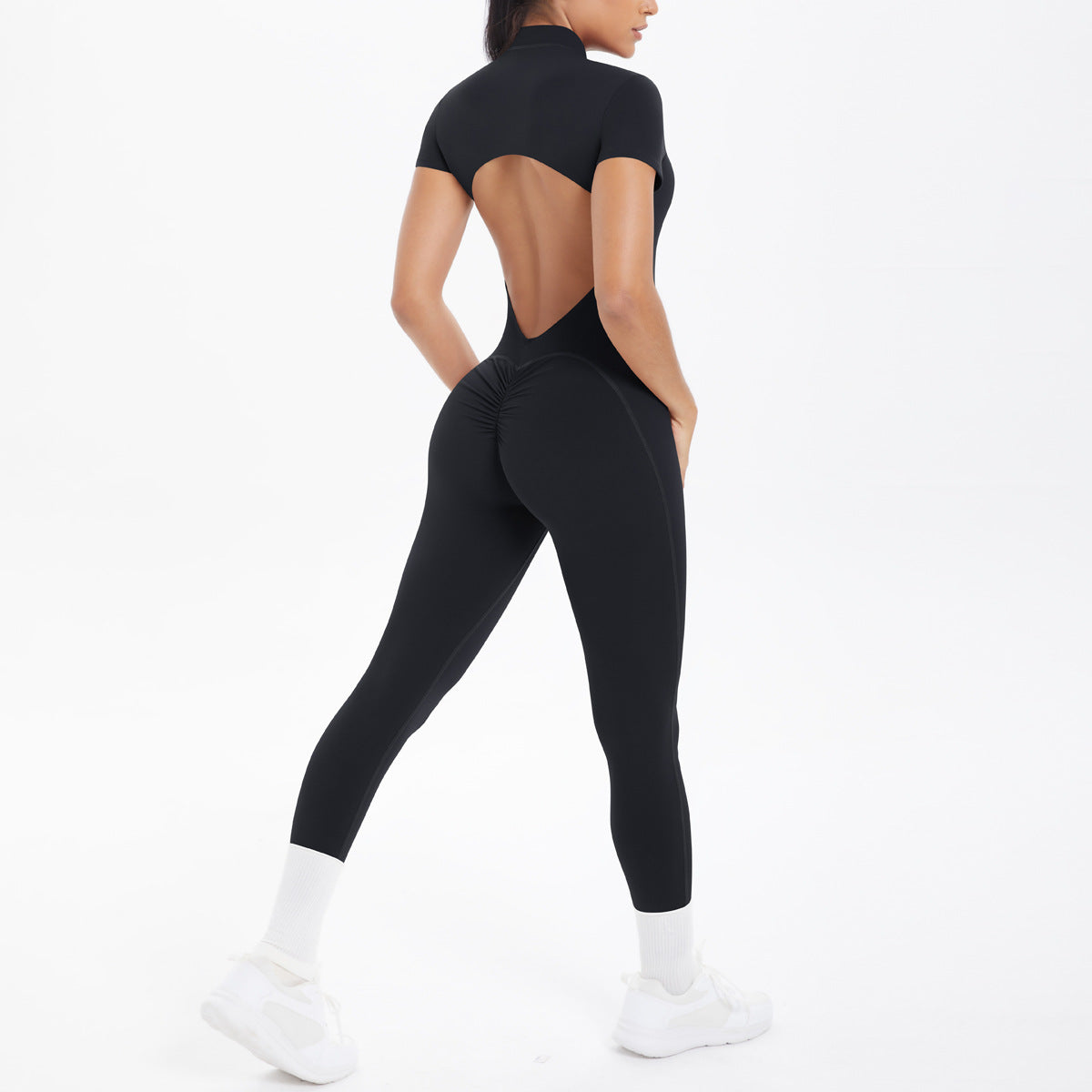 Sexy Backless Bodycon Scrunch Jumpsuit Raises Butt Women Dance Fitness Overalls Push Up With Chest Cushion Yoga Sport Jump Suit