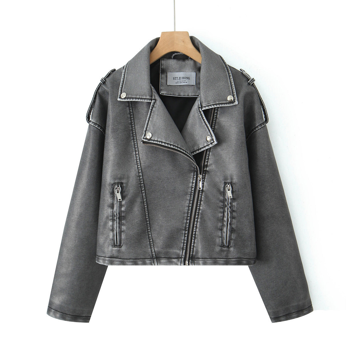 Autumn New American High Street Distressed Imitation Leather Motorcycle Jacket with Zipper Back Short Outwear Top for Women