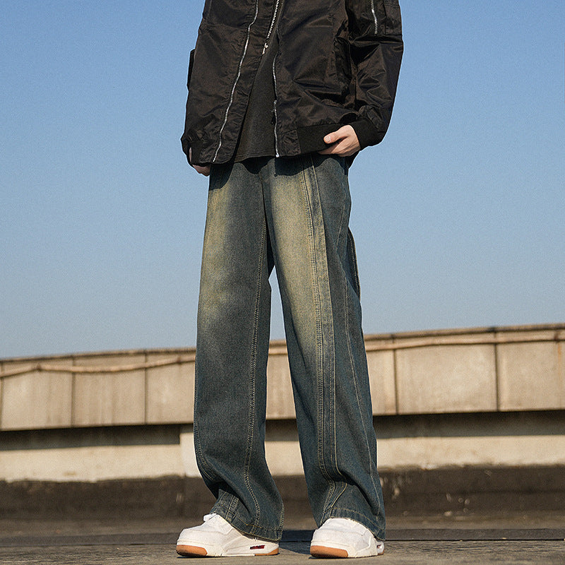 WASSUP NETS Retro Blue Straight Jeans Boys New American Style Spring and Autumn Trendy Casual Wide Leg Pants