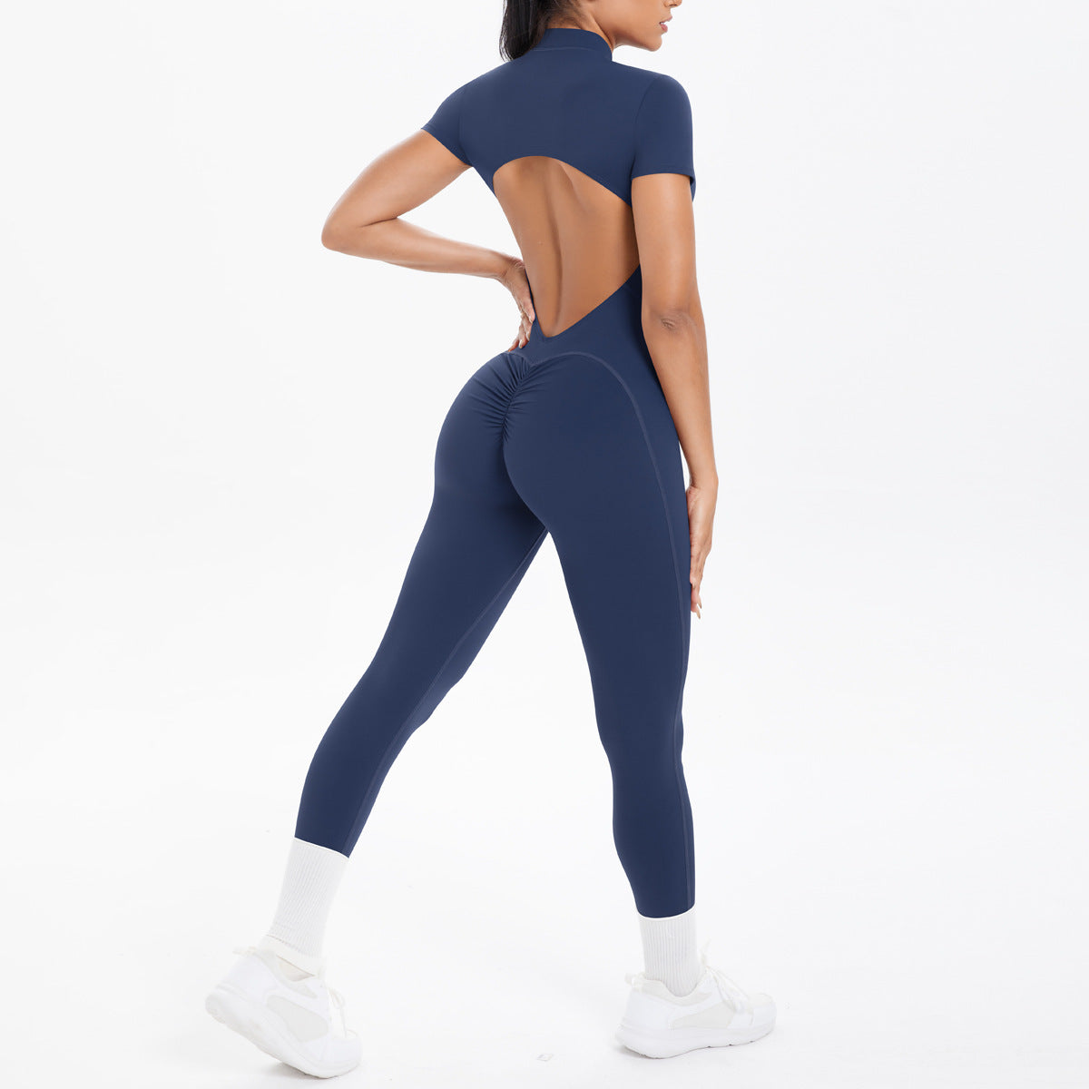 Sexy Backless Bodycon Scrunch Jumpsuit Raises Butt Women Dance Fitness Overalls Push Up With Chest Cushion Yoga Sport Jump Suit