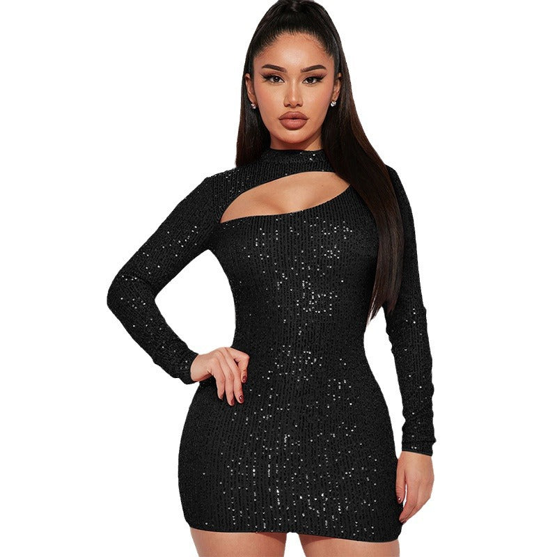 9588 European and American cross-border women's clothing spring and summer new long sleeve hip sequins temperament high-grade dress