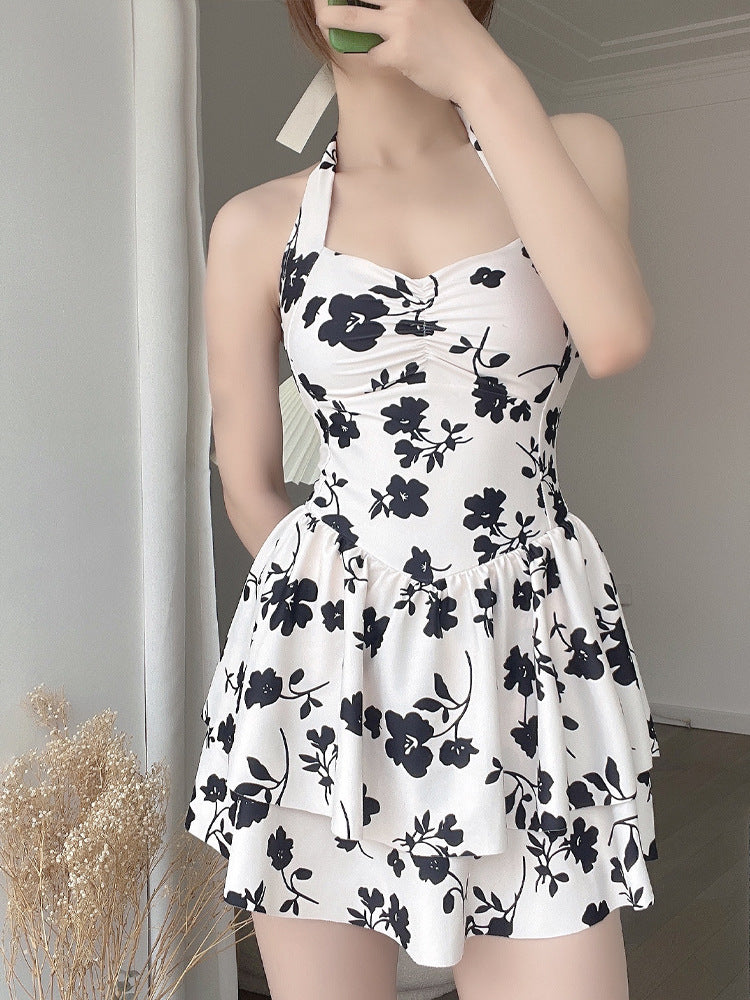 2025 New One-Piece Swimsuit Women's Black Poppy Boxer Corner Conservative Girl Strap Halter High Waist Covering Belly Hot Spring
